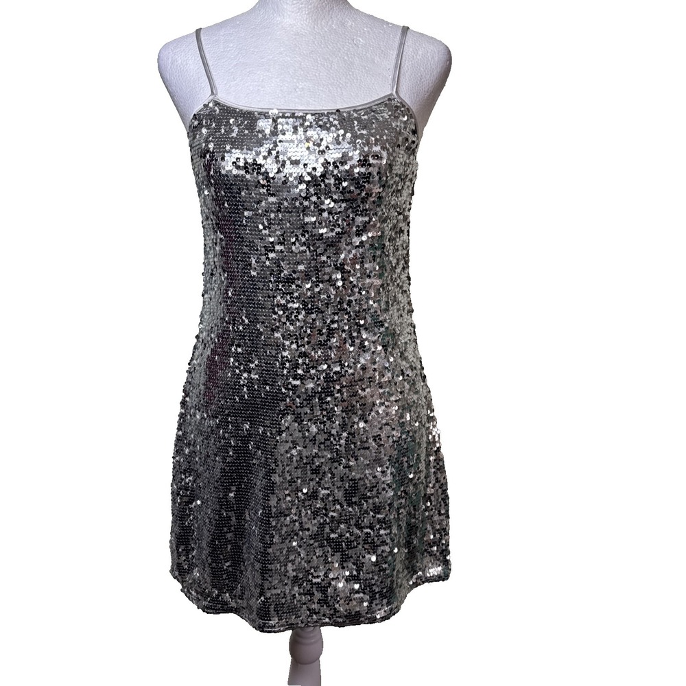 H&M Divided Silver Sequin Mini Dress Size XS Shimmer Cami Slip Party Bodycon